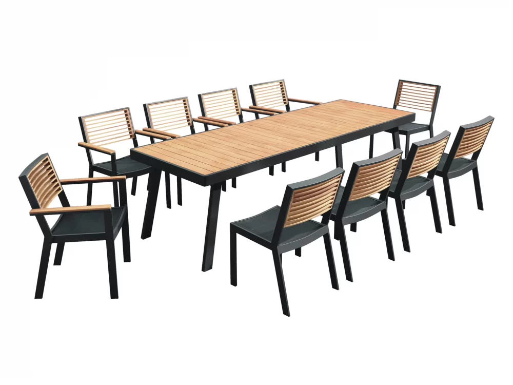 Set masă cu blat dreptunghiular, 10 scaune de grădină