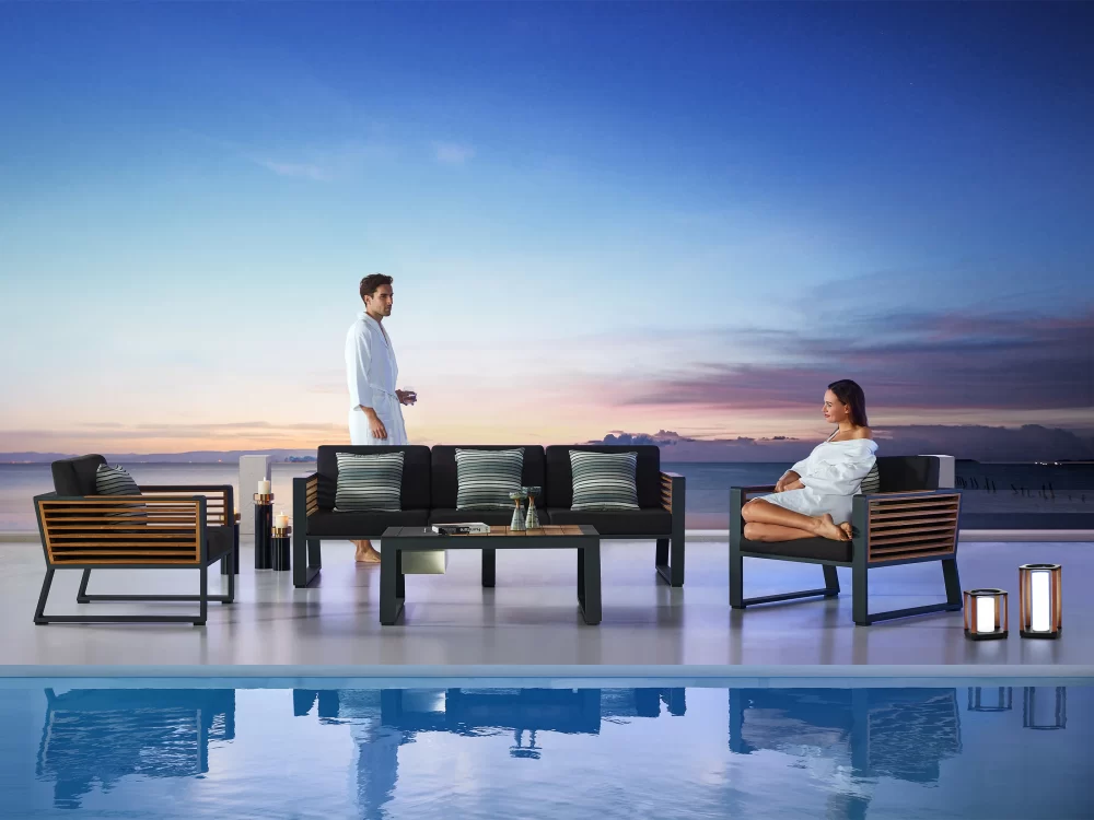 Set mobilier grădină și terasă, canapea 3 locuri, 2 fotolii și măsuță de cafea cu compartiment depozitare gheață