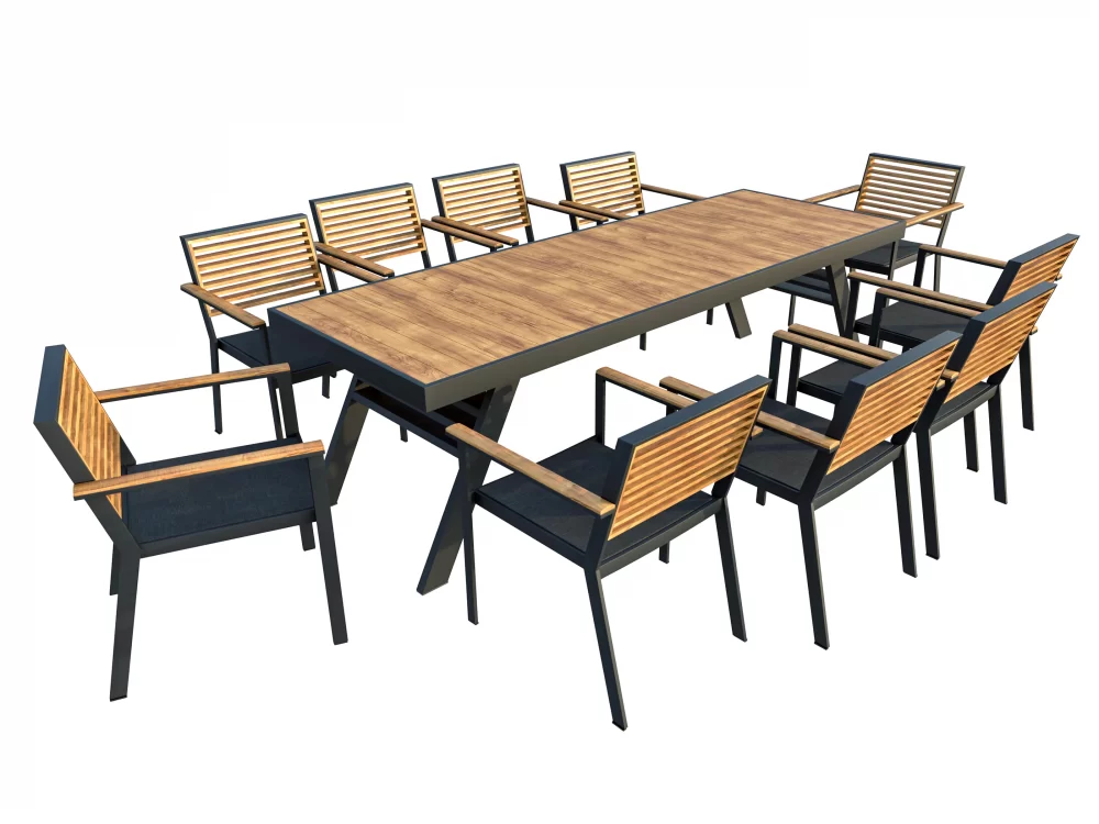 Set masă cu blat dreptunghiular și 10 scaune de grădină cu cotiere