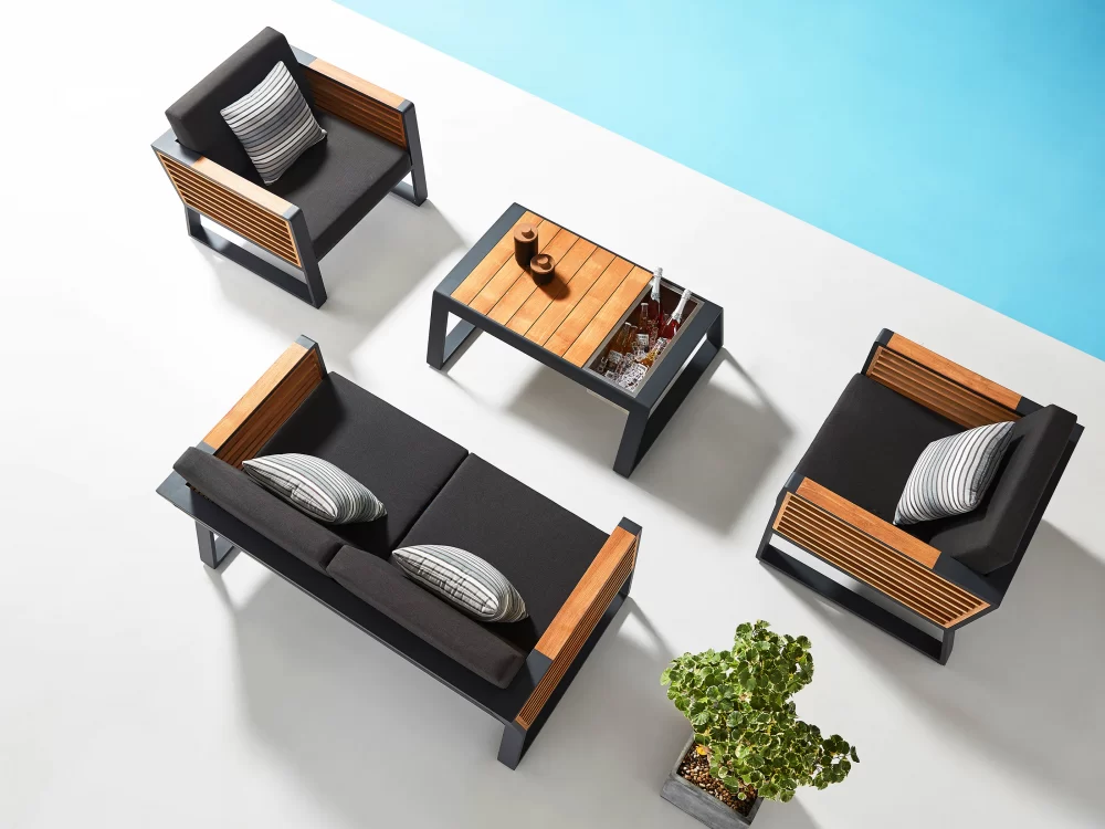 Set mobilier grădină și terasă, canapea 2 locuri, 2 fotolii și măsuță de cafea cu compartiment depozitare gheață