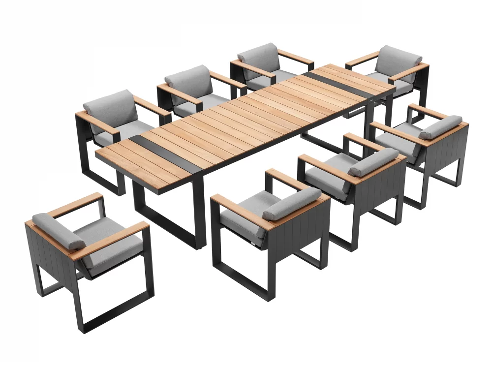 Set masă dreptunghiulară și 8 scaune cu cotiere